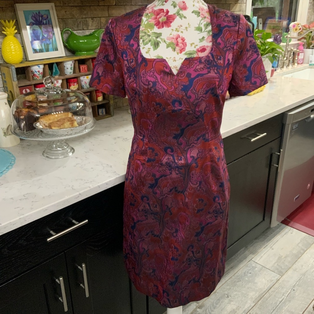 Trina Turk Leigh Paisley Sweetheart Dress Pink Red & Navy Size 8 New W/out Tag